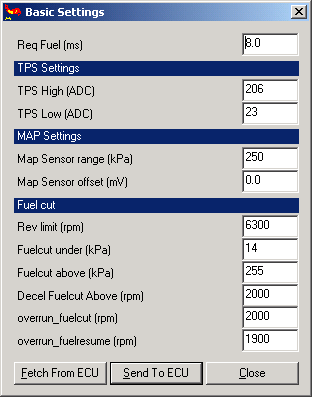 MegaTune - Basic Settings dialog, configuring MAP sensor