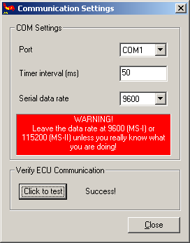 MegaTune - Communication Settings tested