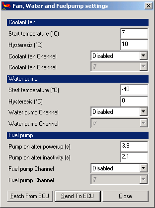 MegaTune - Fan, Water and Fuelpump Settings dialog, fuel pump relay setup