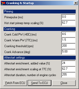 MegaTune - Cranking and Startup dialog