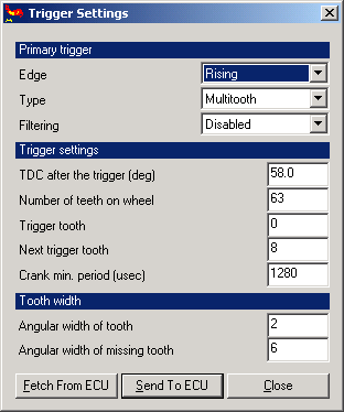 MegaTune - Trigger Settings dialog